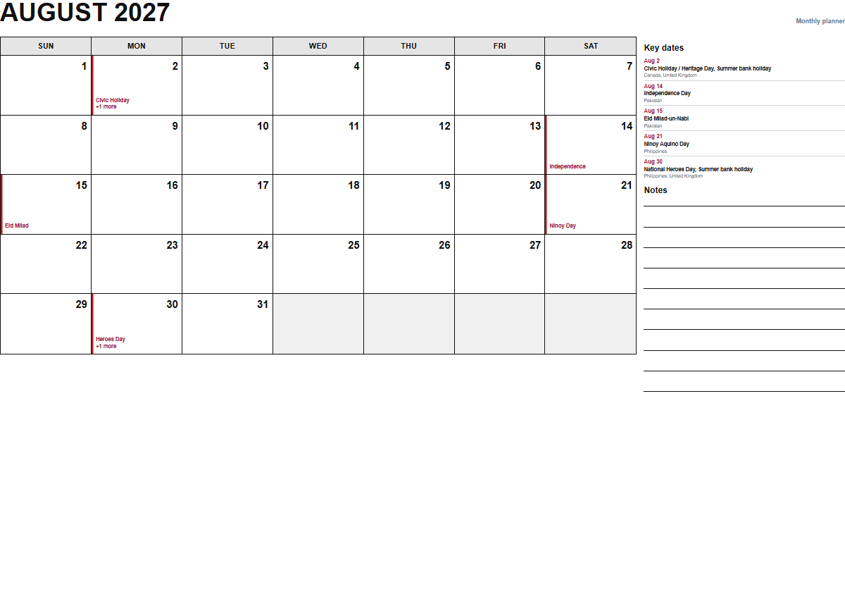 August 2027 monthly planner calendar PDF preview