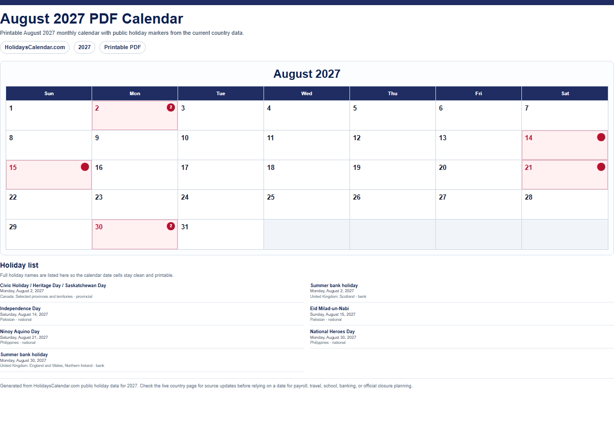 August 2027 PDF calendar preview