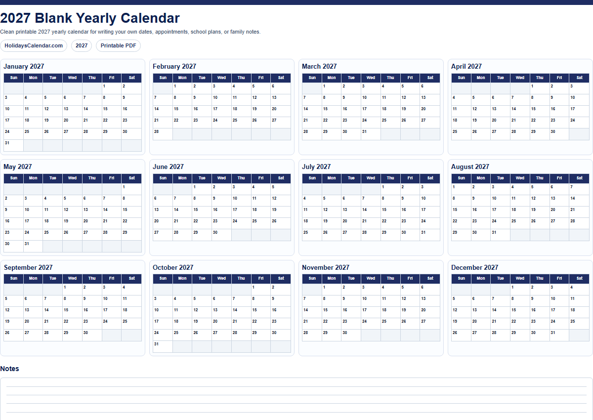 2027 blank yearly calendar PDF preview