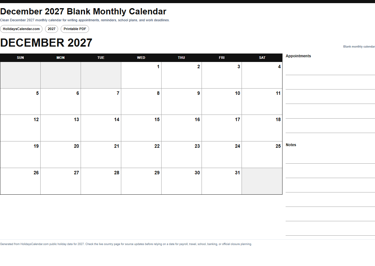 December 2027 blank monthly calendar PDF preview