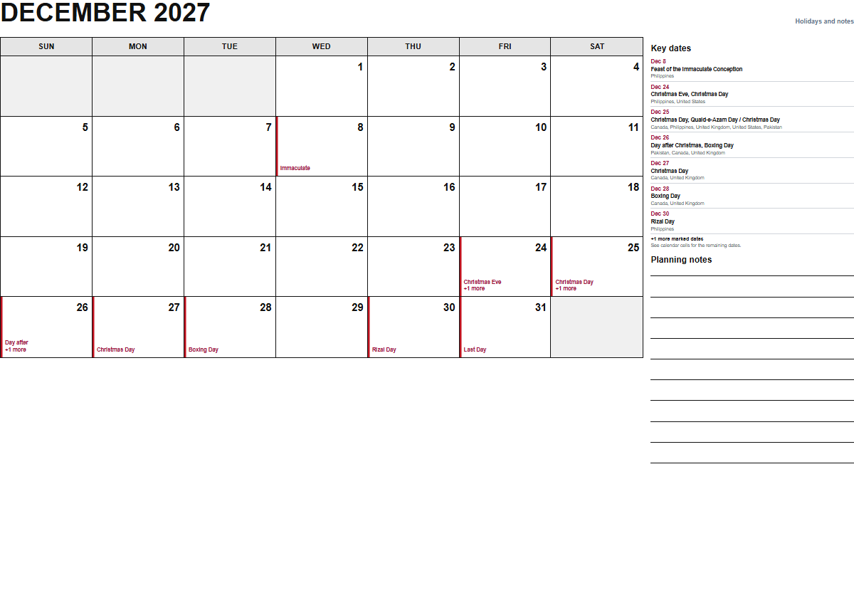 December 2027 calendar with holidays and notes PDF preview