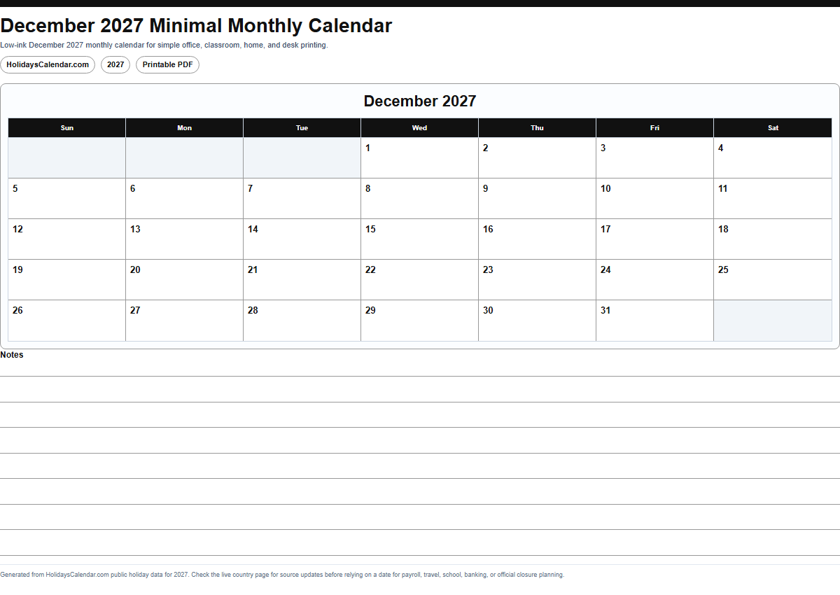 December 2027 minimal monthly calendar PDF preview
