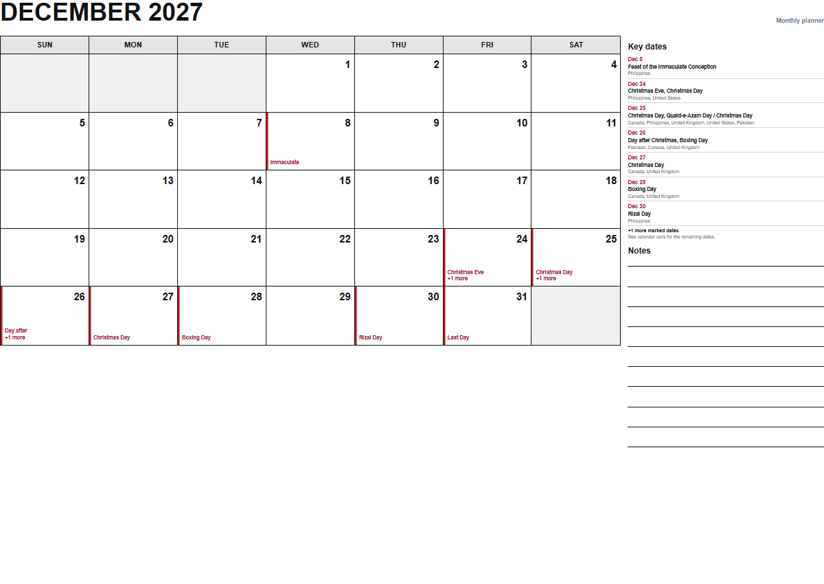 December 2027 monthly planner calendar PDF preview