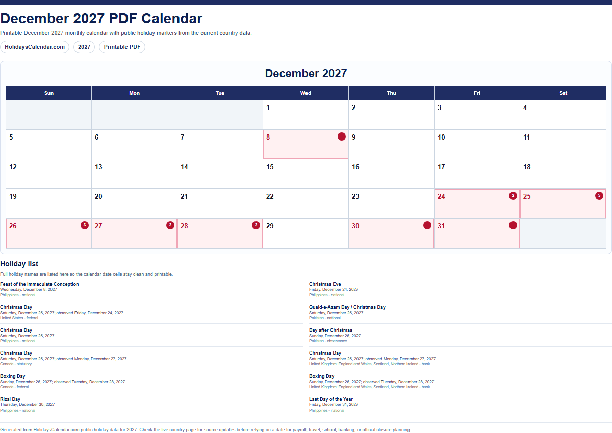 December 2027 PDF calendar preview