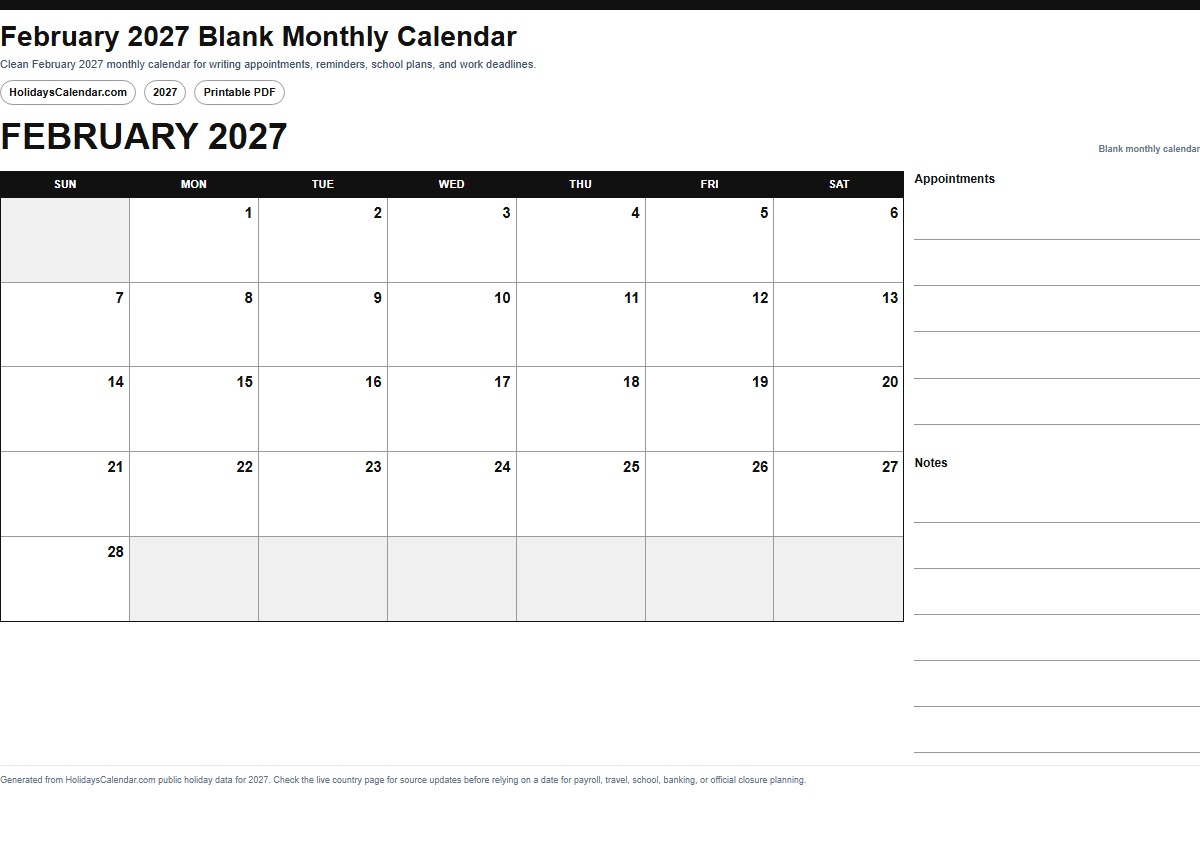 February 2027 blank monthly calendar PDF preview