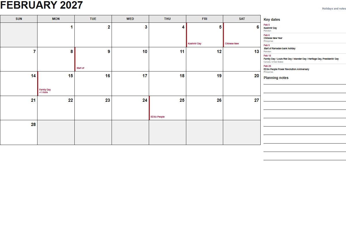 February 2027 calendar with holidays and notes PDF preview