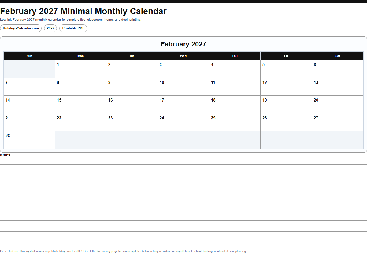 February 2027 minimal monthly calendar PDF preview