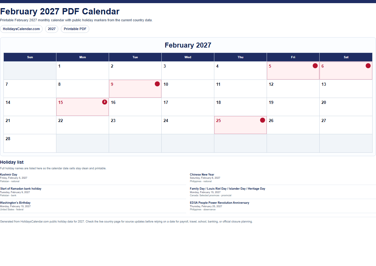 February 2027 PDF calendar preview