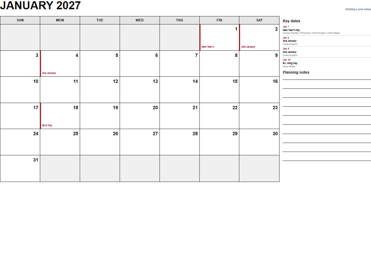 January 2027 calendar with holidays and notes PDF preview