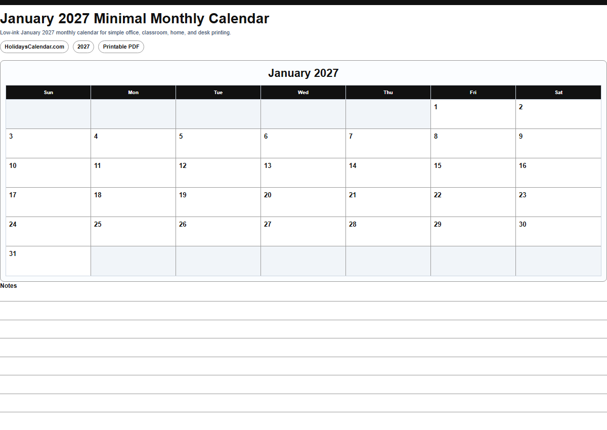 January 2027 minimal monthly calendar PDF preview