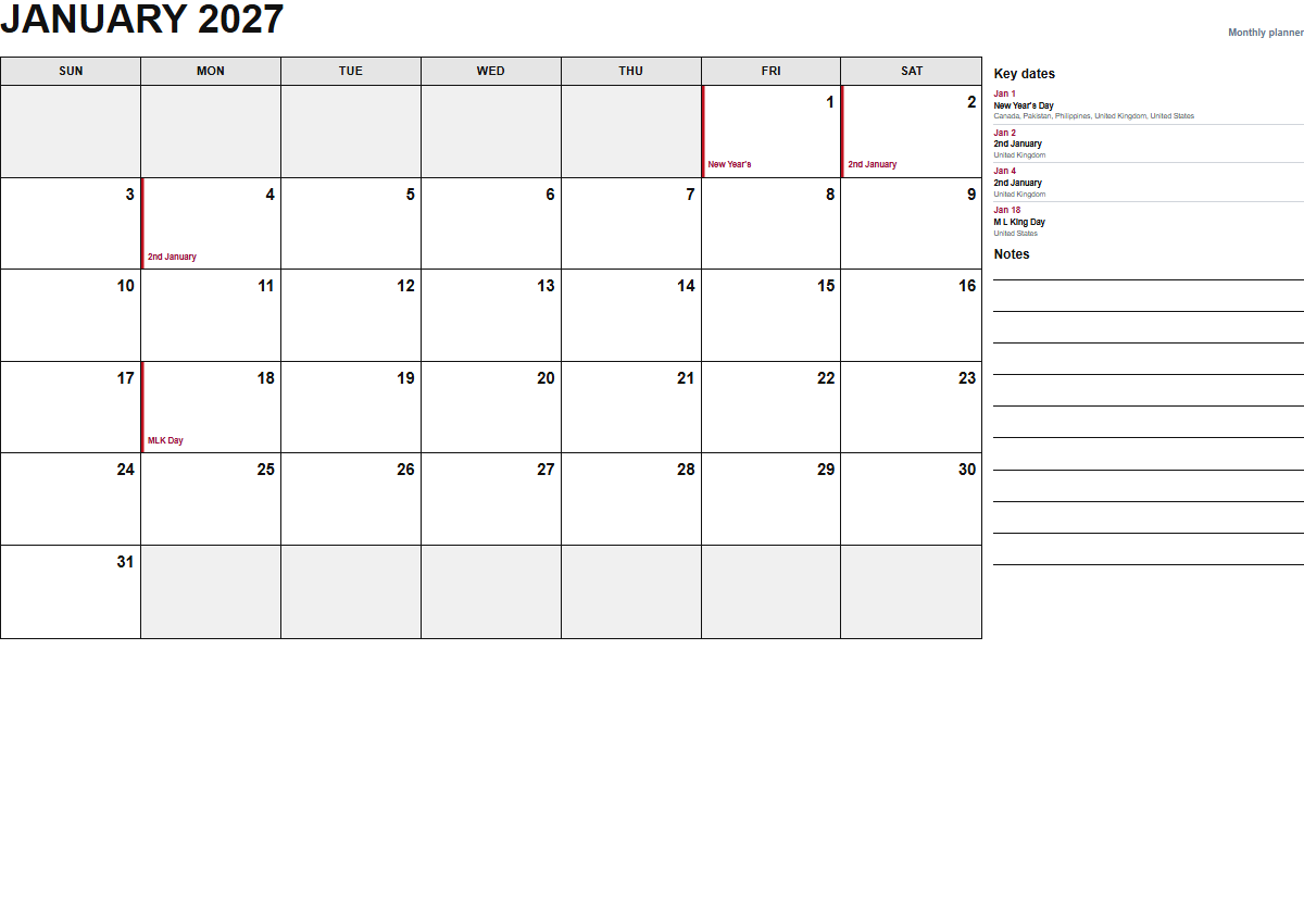 January 2027 monthly planner calendar PDF preview