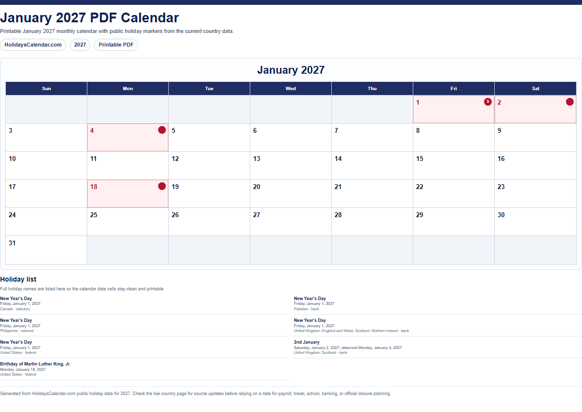 January 2027 PDF calendar preview