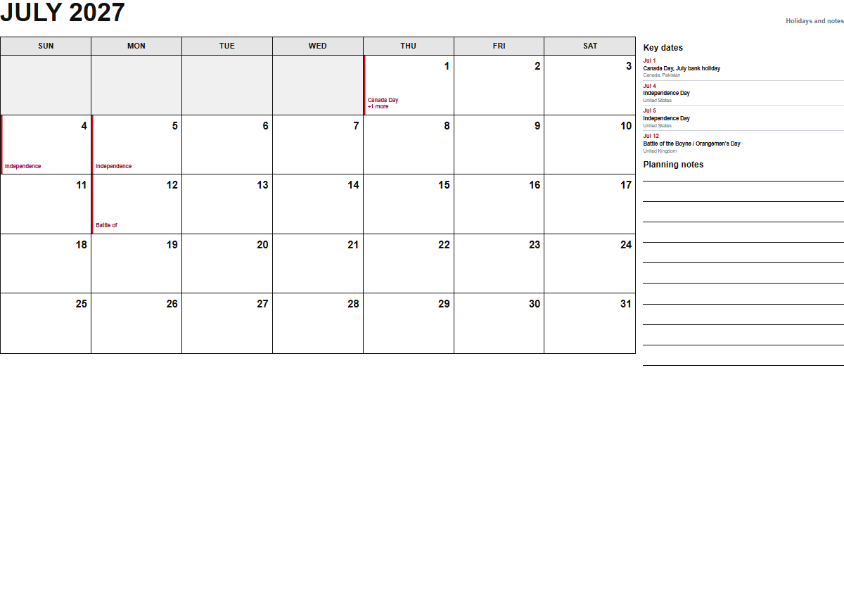 July 2027 calendar with holidays and notes PDF preview