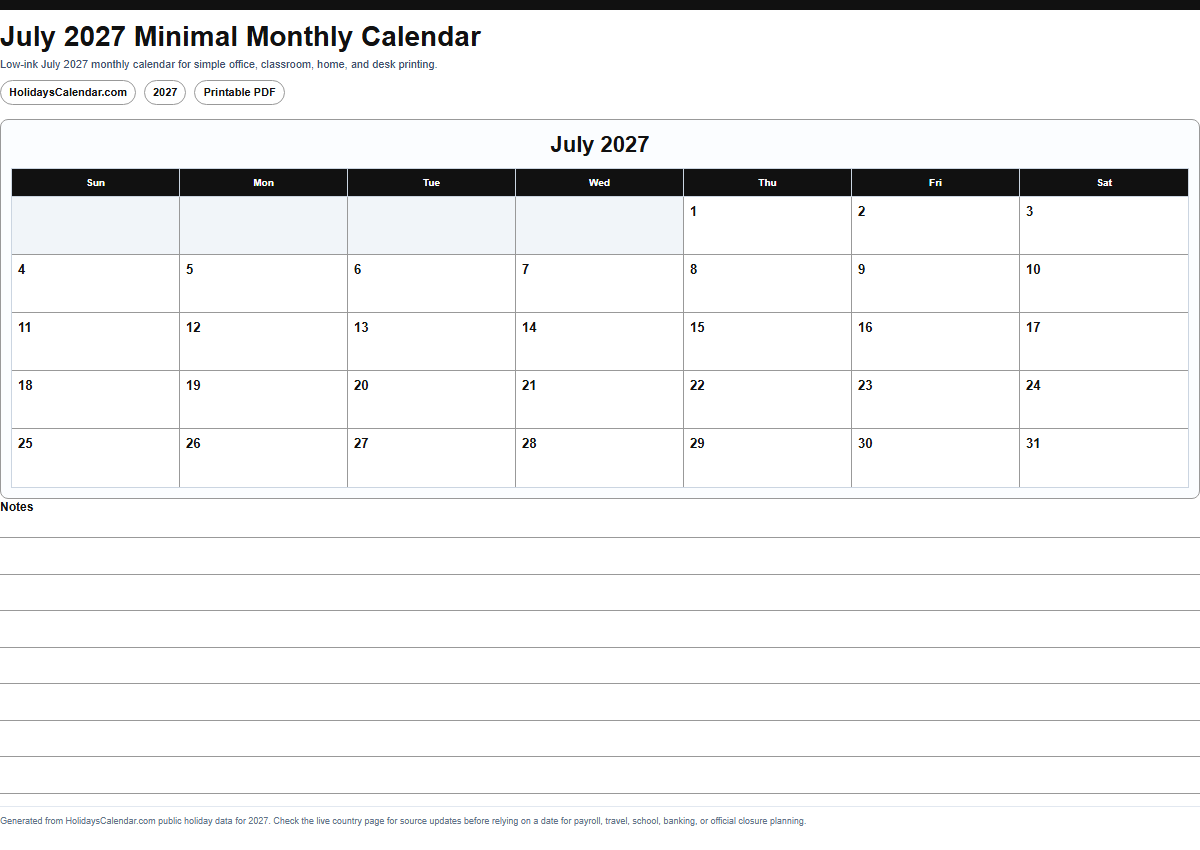 July 2027 minimal monthly calendar PDF preview