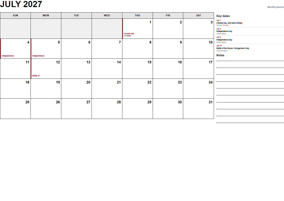 July 2027 monthly planner calendar PDF preview