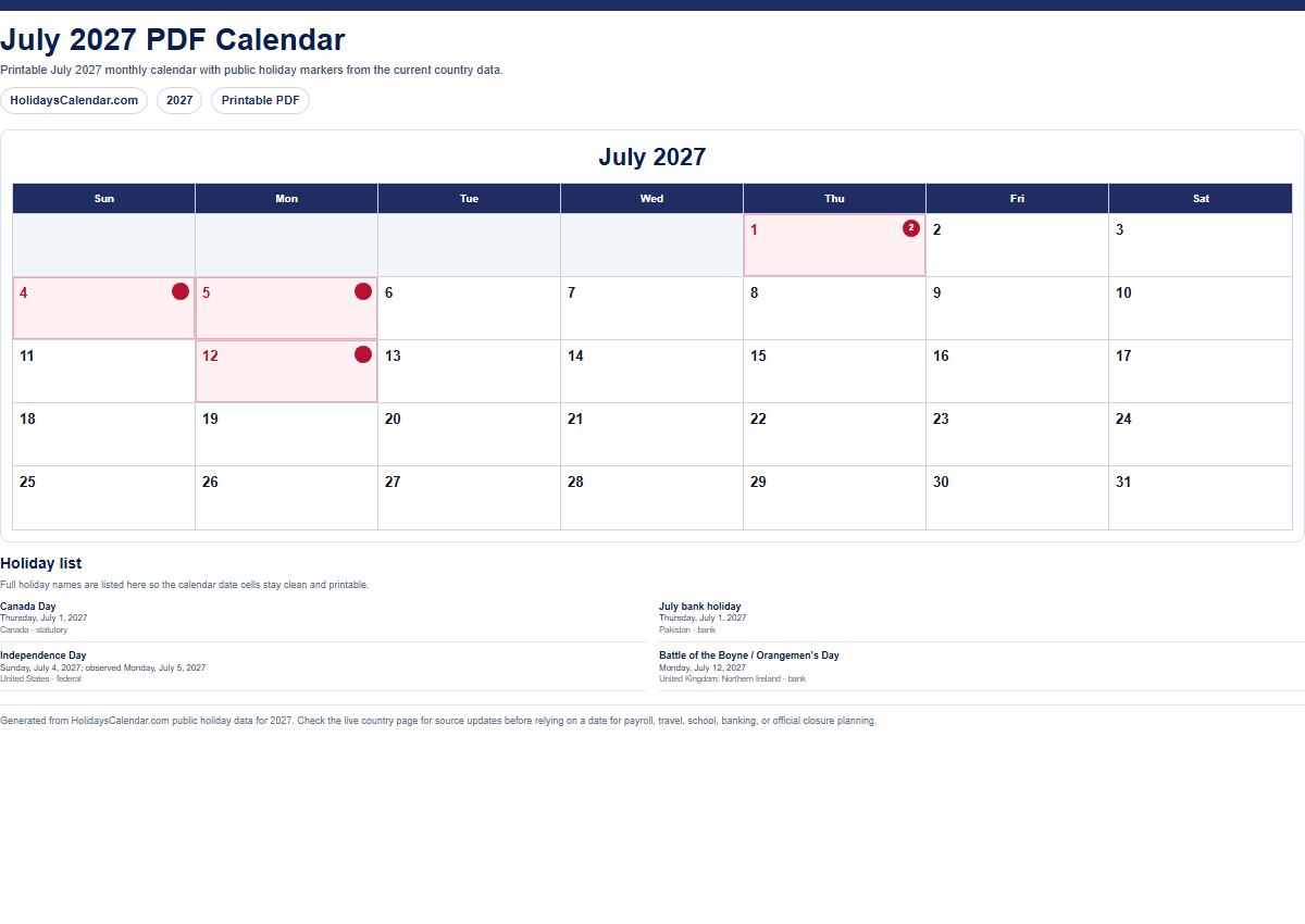 July 2027 PDF calendar preview