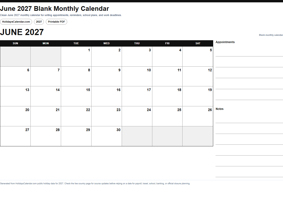 June 2027 blank monthly calendar PDF preview
