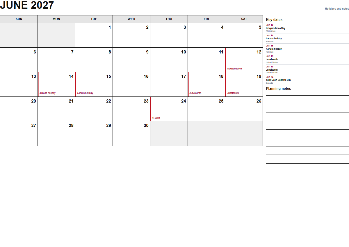 June 2027 calendar with holidays and notes PDF preview