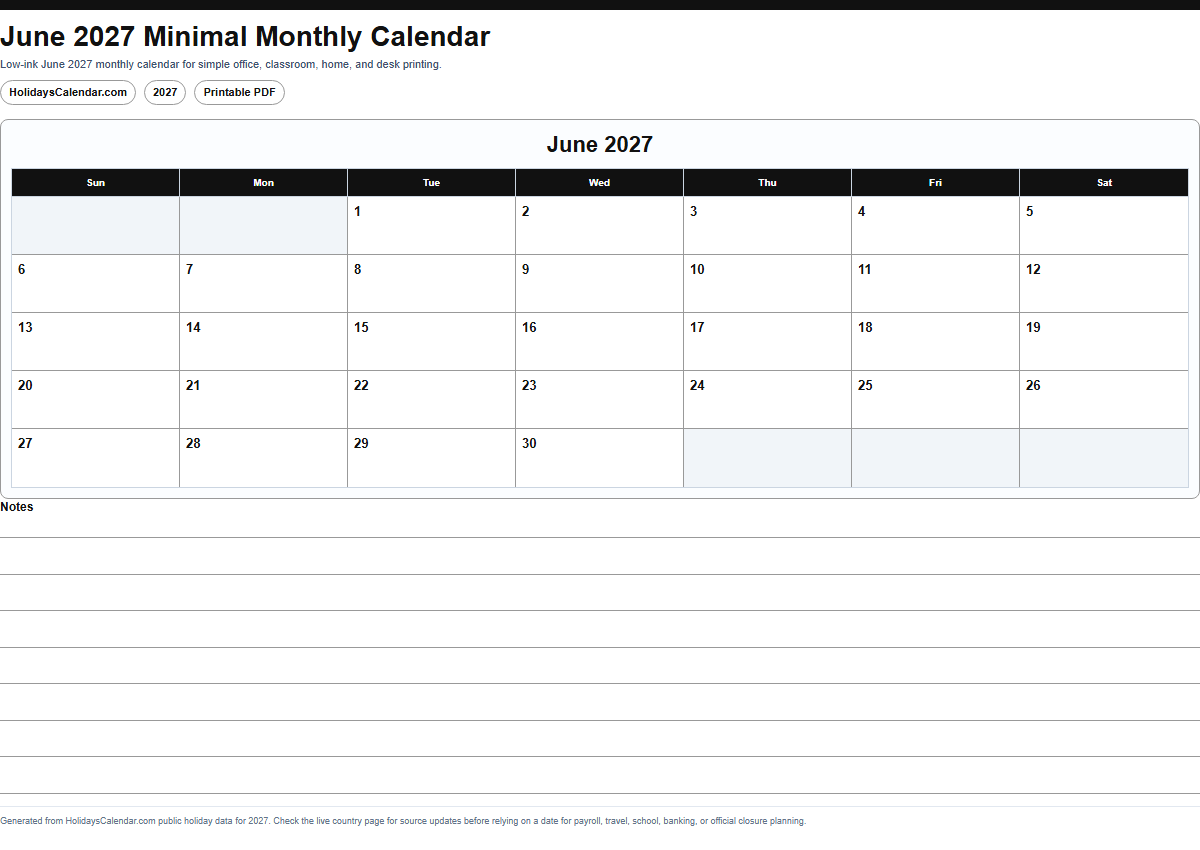 June 2027 minimal monthly calendar PDF preview