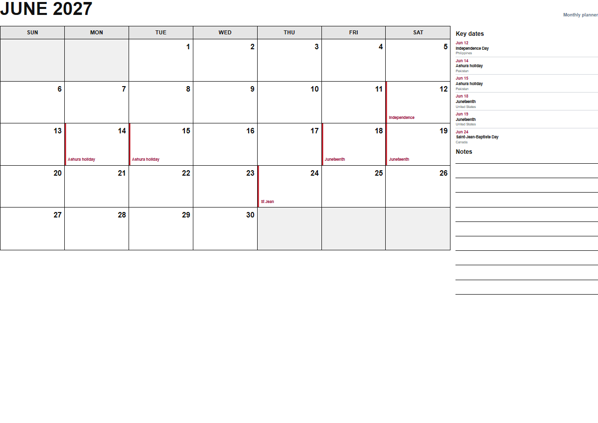 June 2027 monthly planner calendar PDF preview
