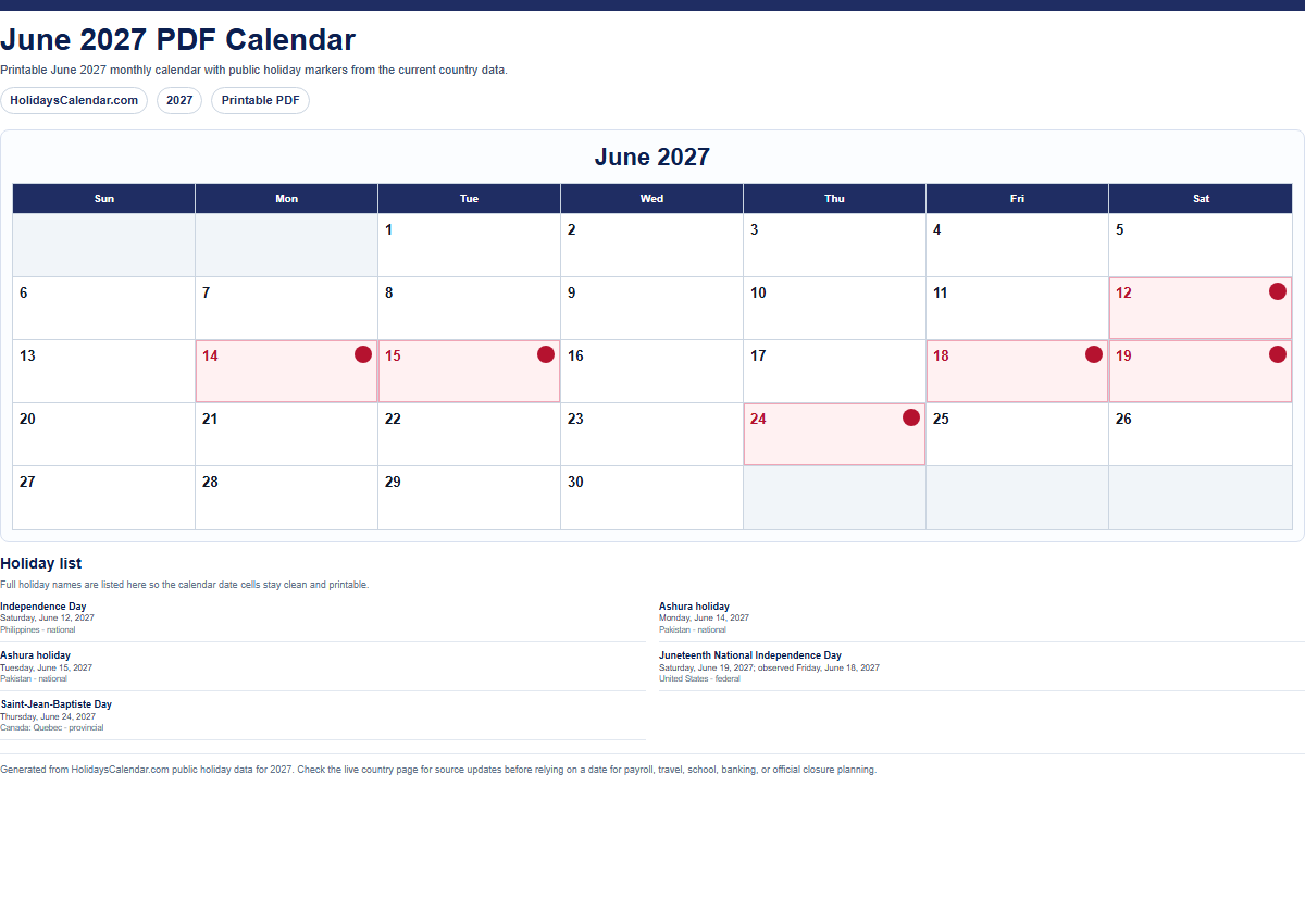 June 2027 PDF calendar preview