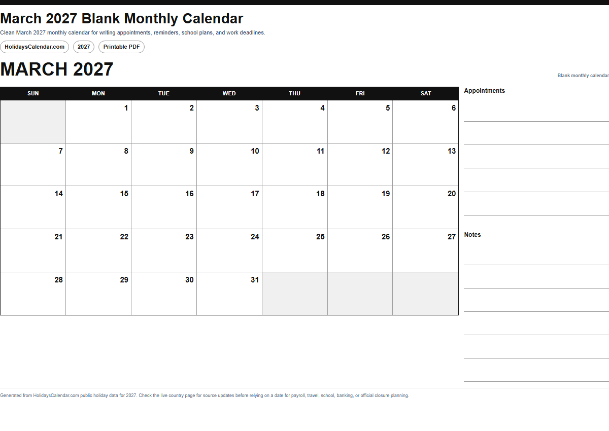 March 2027 blank monthly calendar PDF preview
