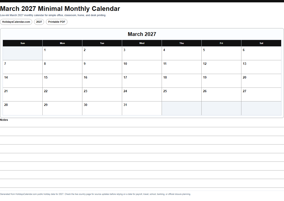 March 2027 minimal monthly calendar PDF preview