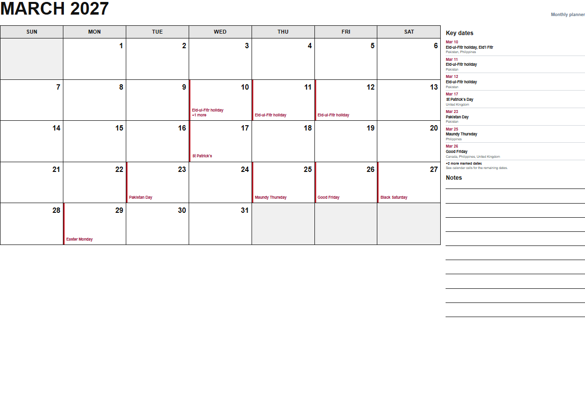 March 2027 monthly planner calendar PDF preview
