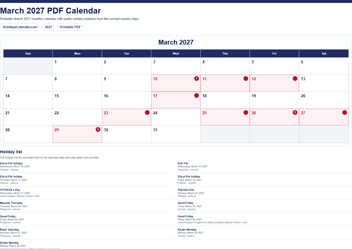 March 2027 PDF calendar preview