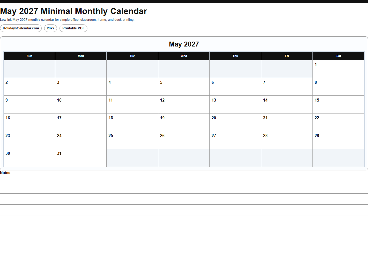 May 2027 minimal monthly calendar PDF preview