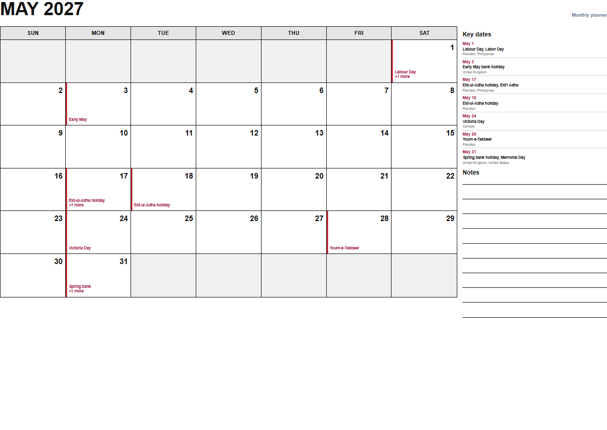 May 2027 monthly planner calendar PDF preview