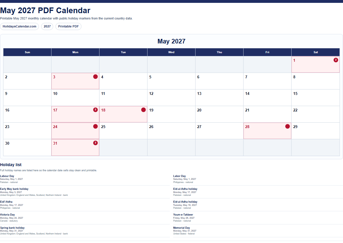 May 2027 PDF calendar preview