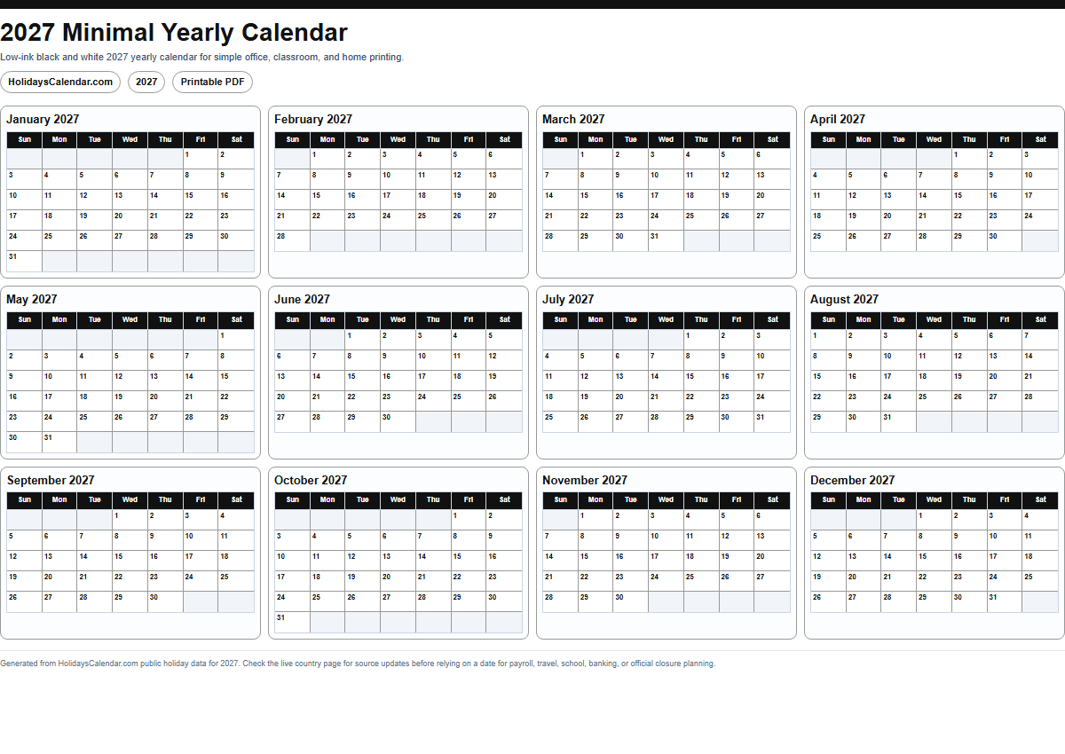 2027 minimal yearly calendar PDF preview