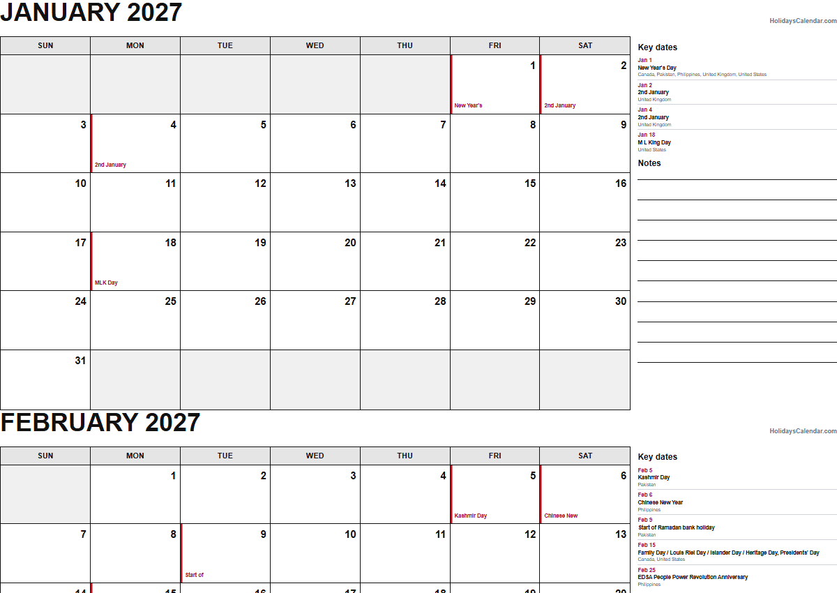 2027 monthly planner calendar PDF preview