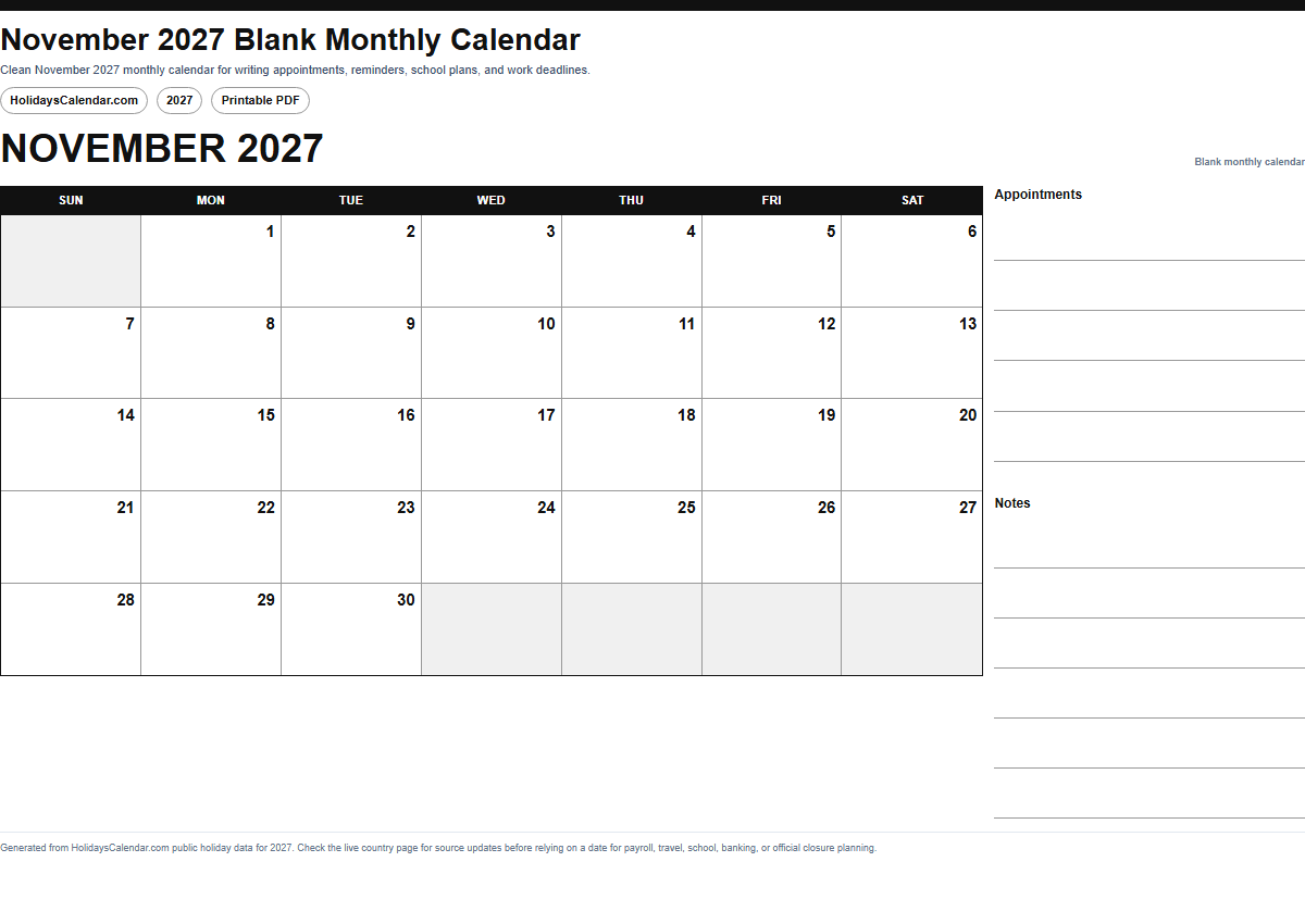 November 2027 blank monthly calendar PDF preview