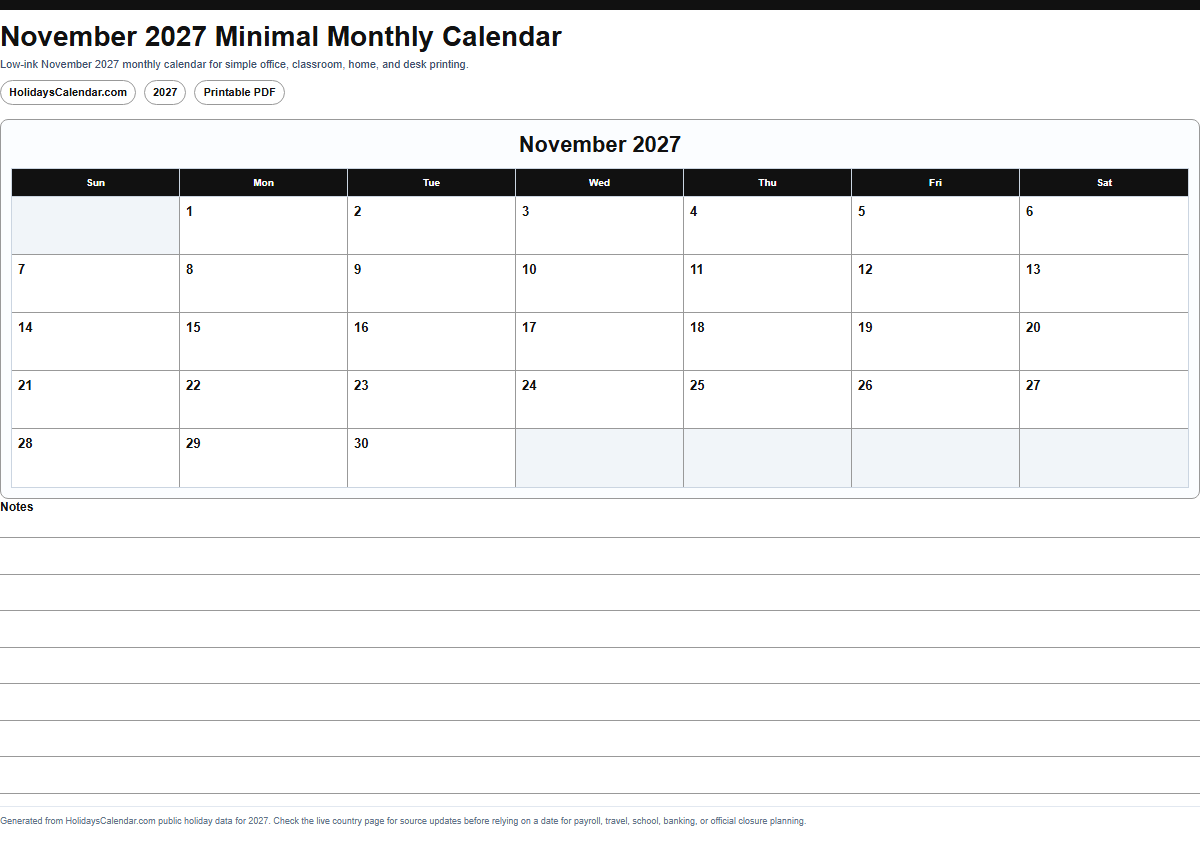 November 2027 minimal monthly calendar PDF preview