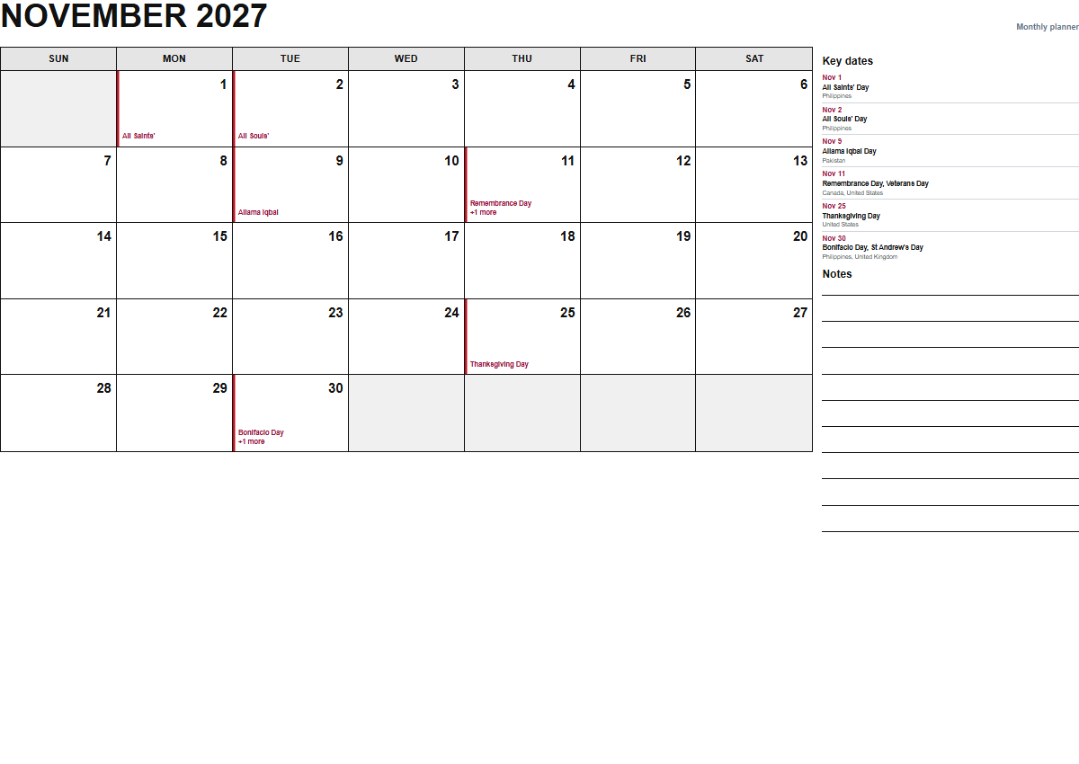 November 2027 monthly planner calendar PDF preview