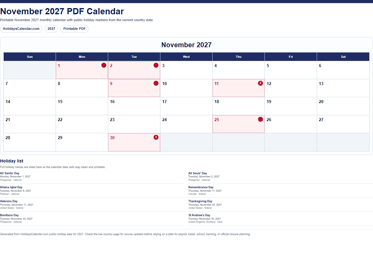 November 2027 PDF calendar preview