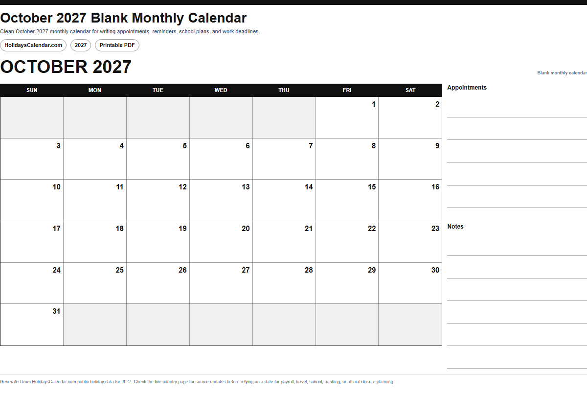 October 2027 blank monthly calendar PDF preview