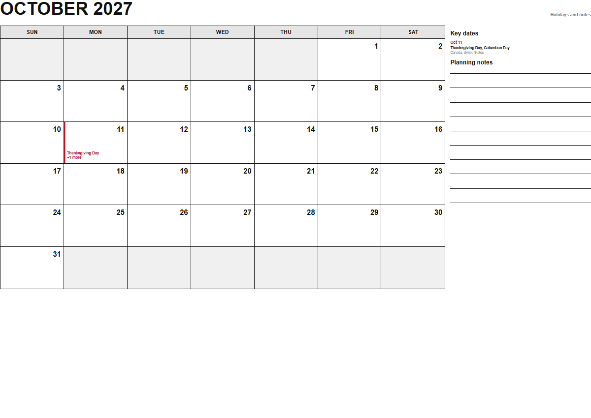 October 2027 calendar with holidays and notes PDF preview