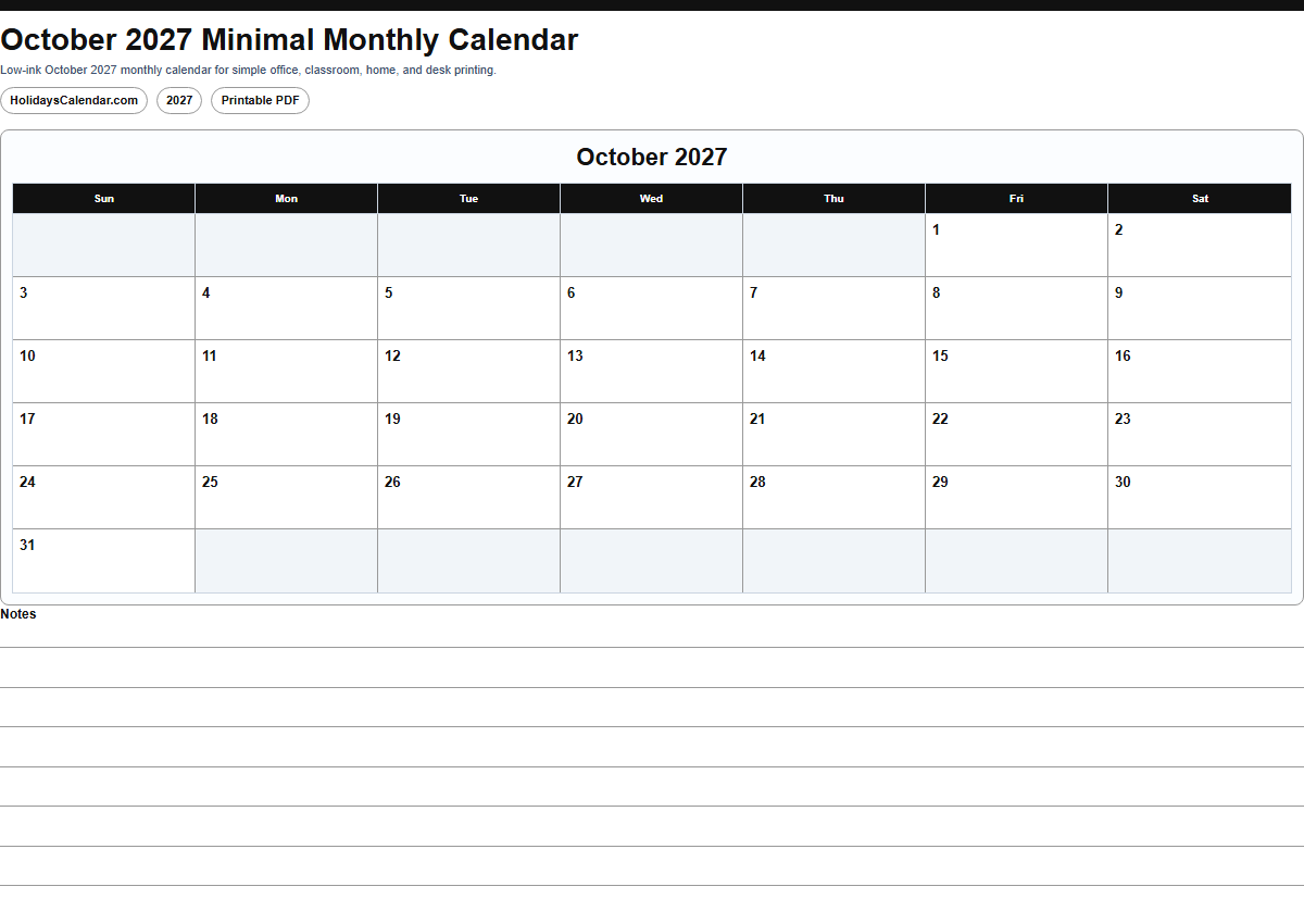 October 2027 minimal monthly calendar PDF preview