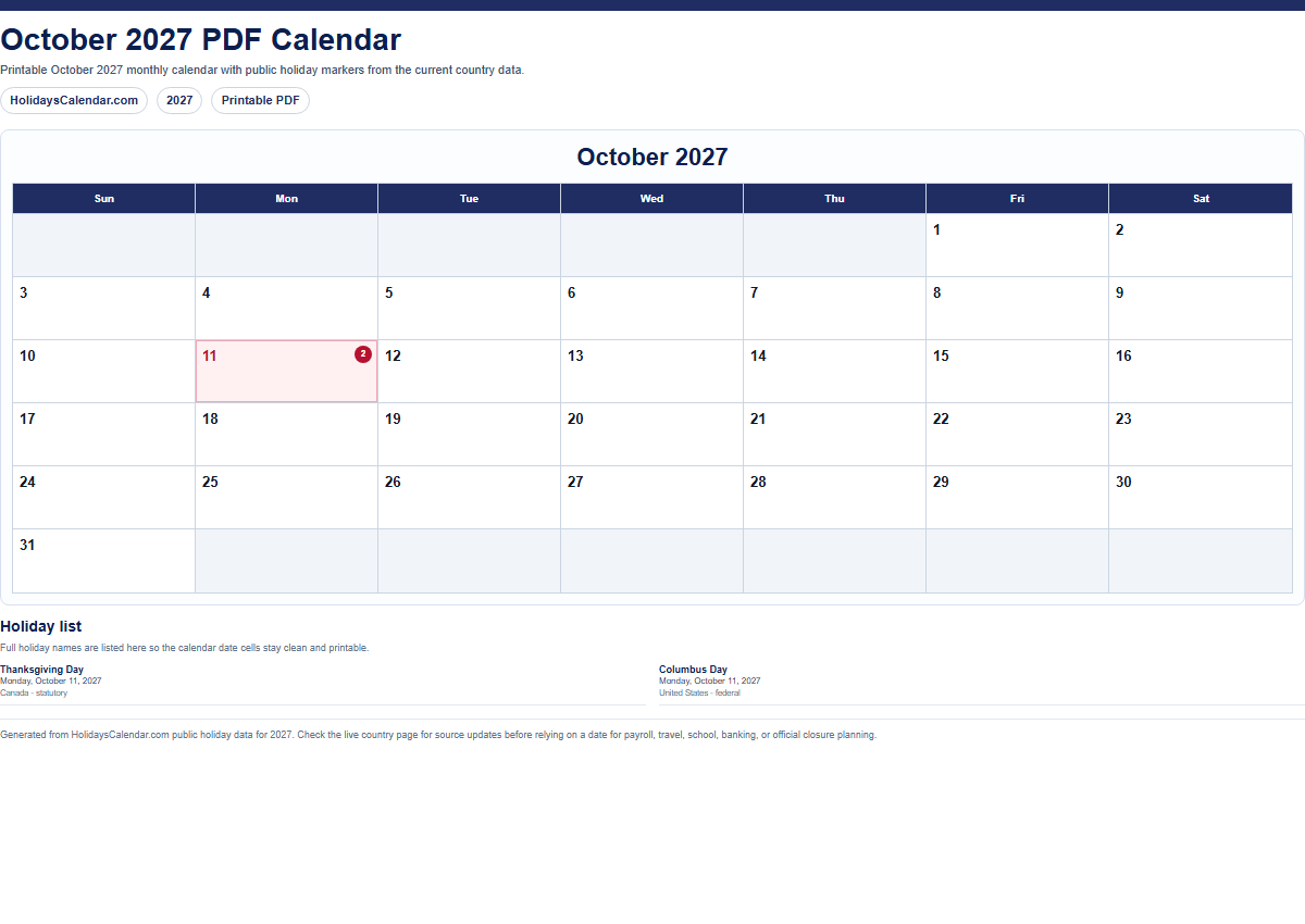 October 2027 PDF calendar preview