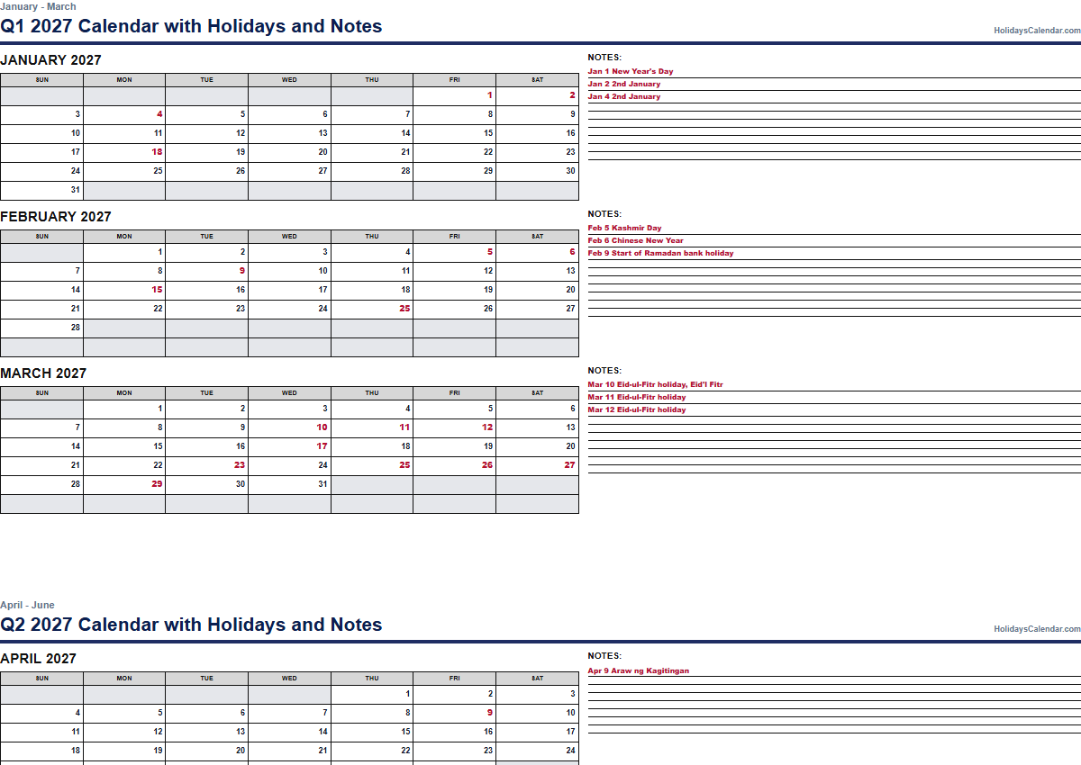 2027 quarterly calendar with holidays and notes PDF preview