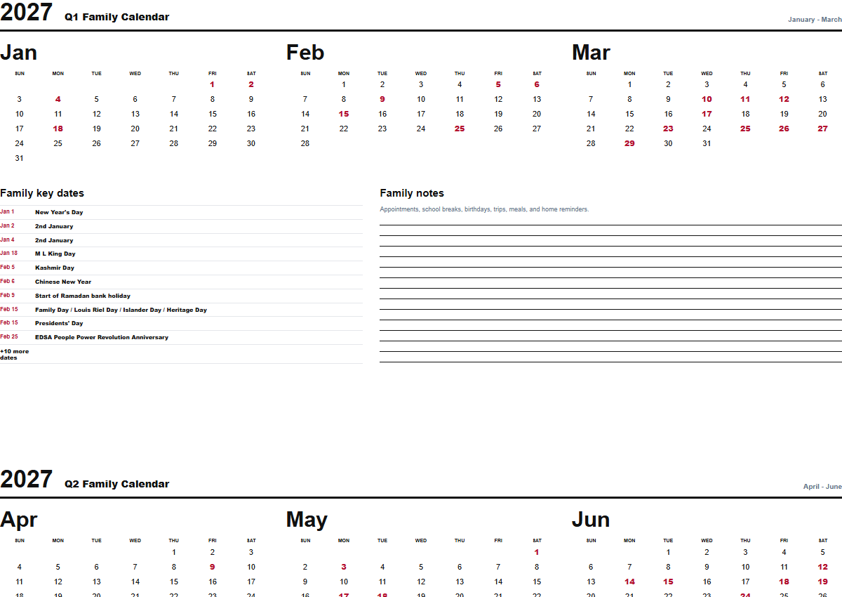2027 quarterly family calendar PDF preview