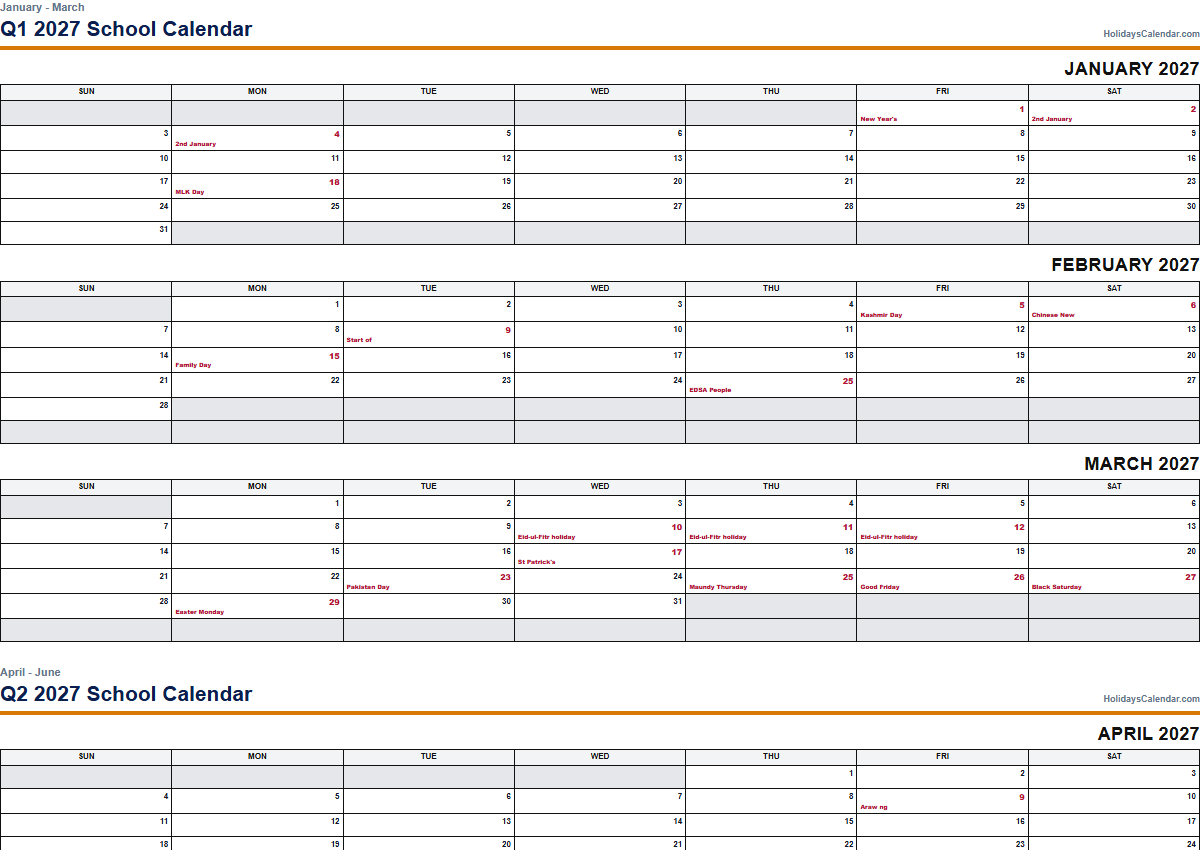 2027 quarterly school calendar PDF preview
