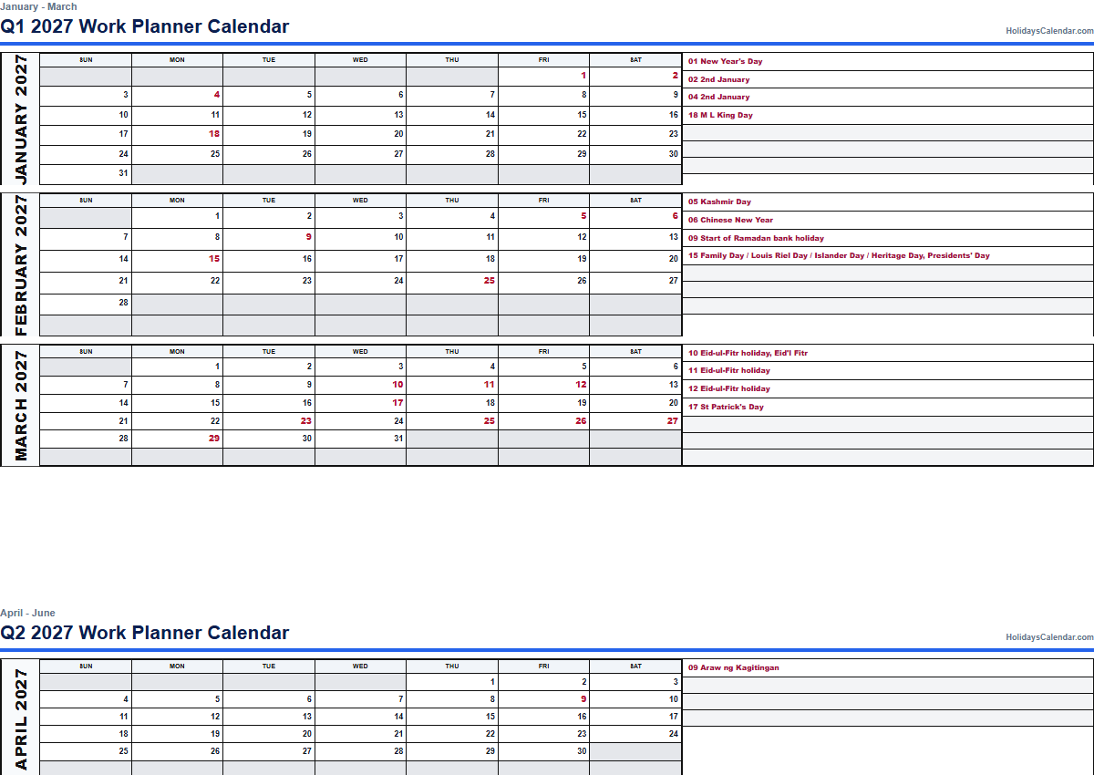 2027 quarterly work planner calendar PDF preview