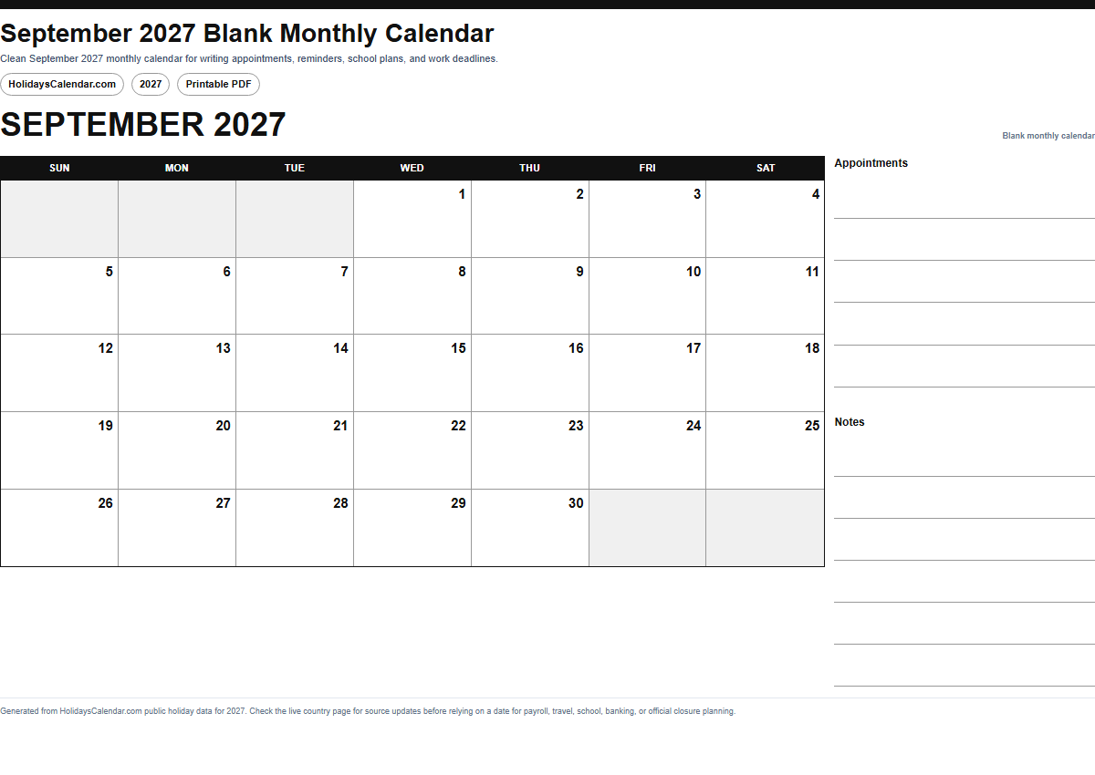 September 2027 blank monthly calendar PDF preview