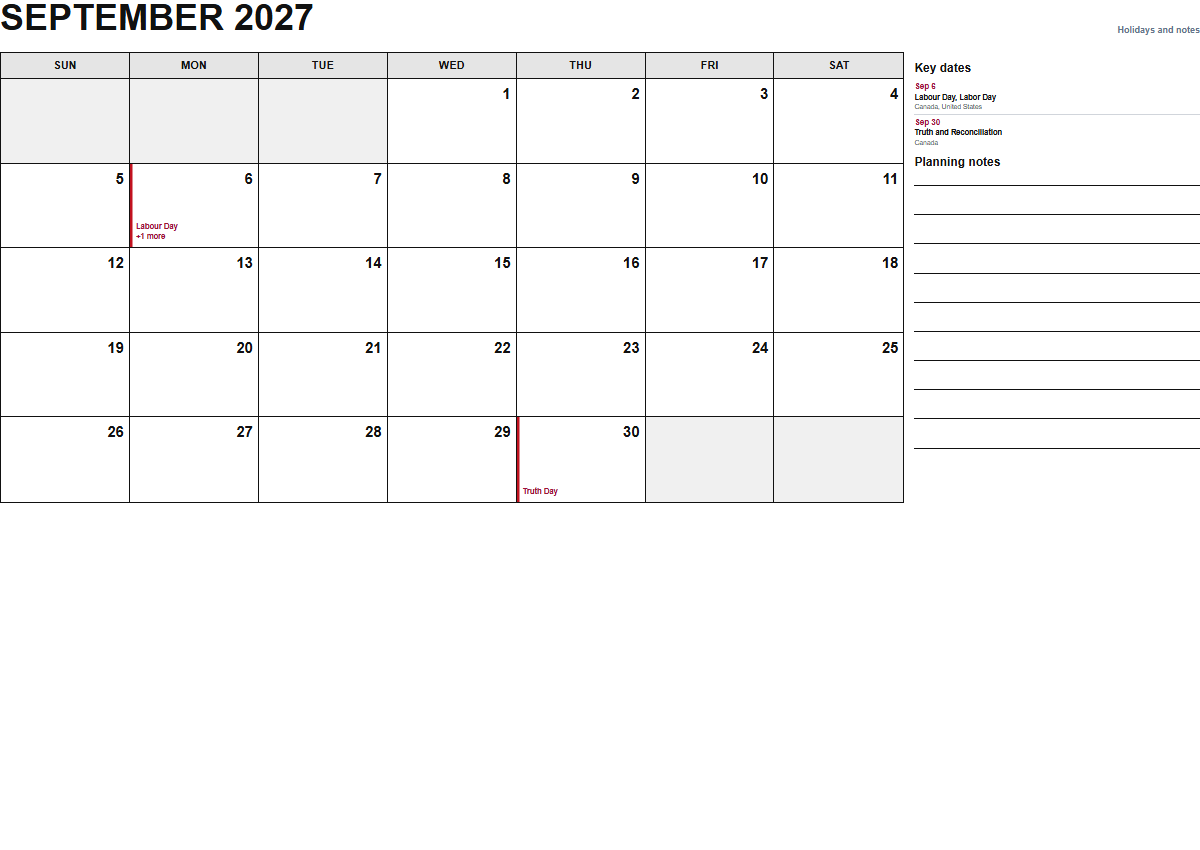 September 2027 calendar with holidays and notes PDF preview