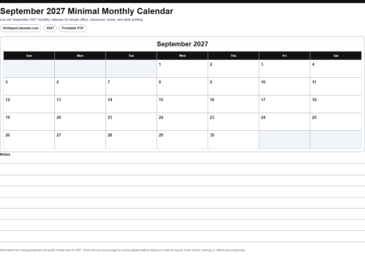September 2027 minimal monthly calendar PDF preview