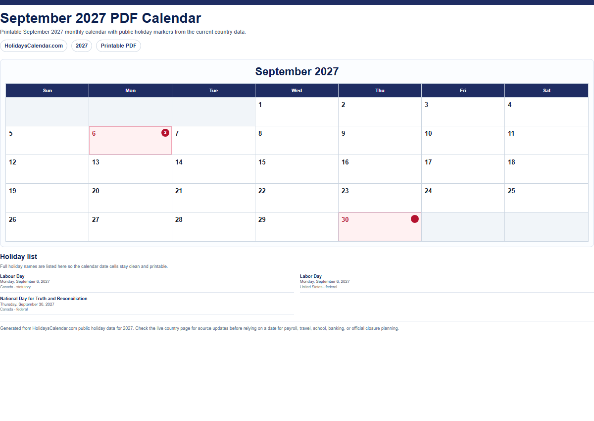 September 2027 PDF calendar preview